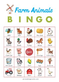 Free printable Farm Animal Bingo cards